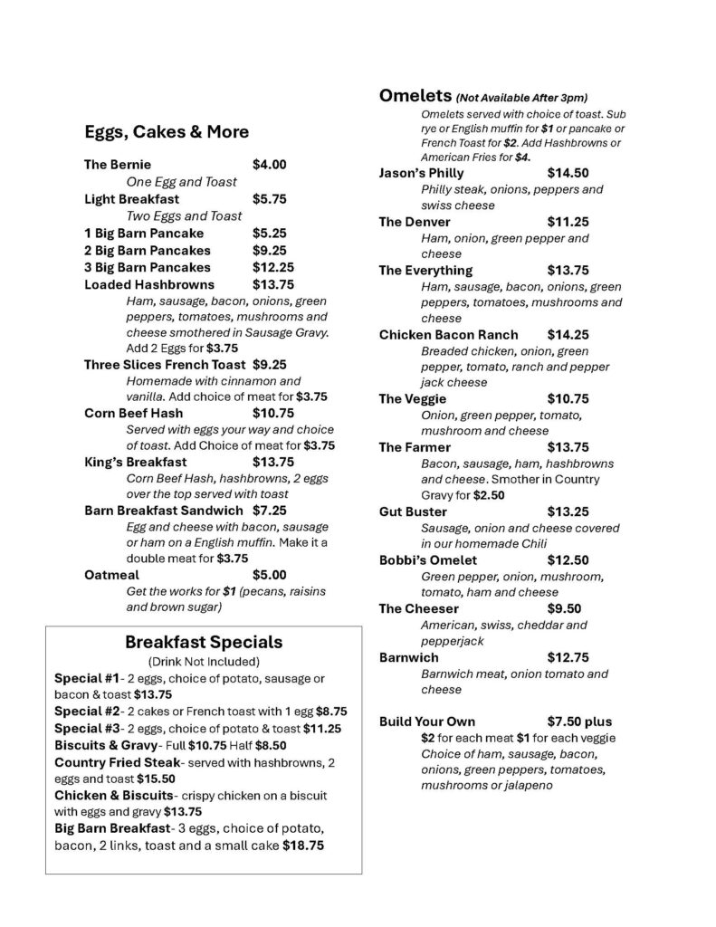 Two-column breakfast menu: left side titled 'Eggs, Cakes & More' with items and prices; right side titled 'Omelets' with eggs dishes and prices.