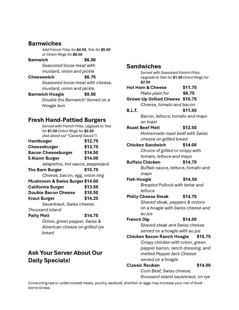Restaurant menu page with two columns: Barnwiches and Fresh Hand-Pattied Burgers on the left, and Sandwiches on the right, showing item names and prices in bold.