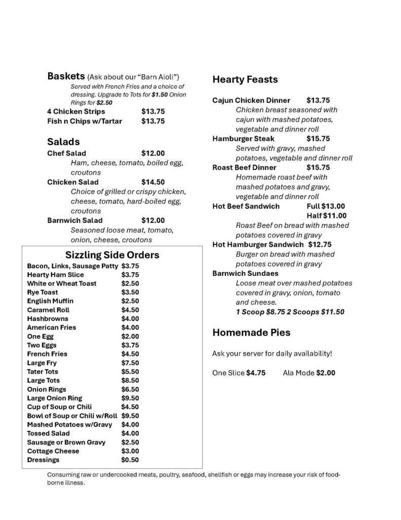 Two-column restaurant menu: left column lists Baskets and Salads with prices; right column lists Hearty Feasts with prices and descriptions.